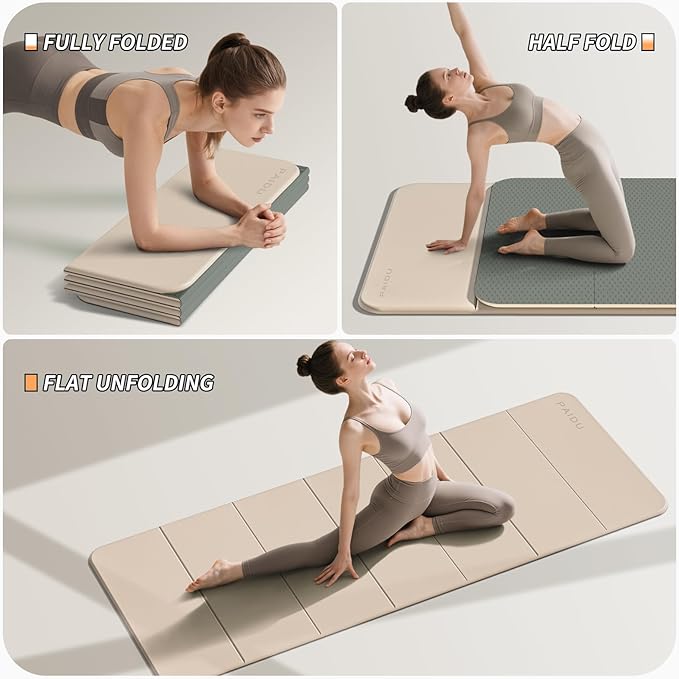 PAIDU Foldable Fitness Yoga Mat | 2/5" (10MM) Extra Thick | SGS Certified Non-Slip TPE | 75x26" Extra Long-Wide | Portable & Easy Store | for Yoga, Pilates, Home Gym & Full-Body Workouts