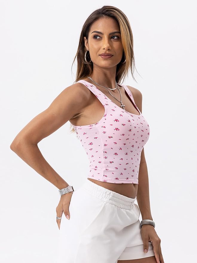 Danysu Women Rib Tank Top Padded Workout Top Square Neck Crop Tank Fitted Basic Cami Tops