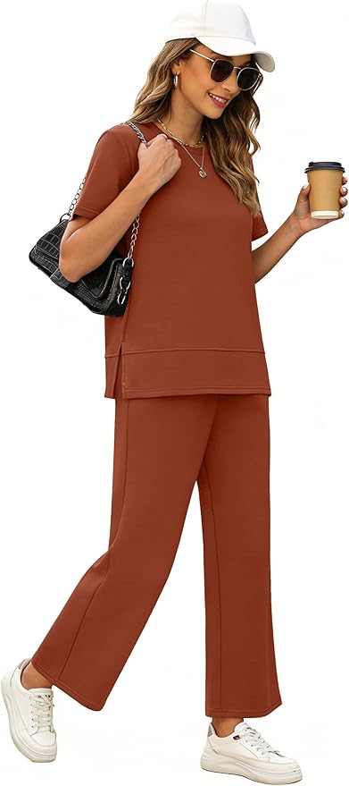 XIEERDUO Women's Side Slit Lounge Sets 2026 Fashion 2 Piece Travel Outfits Cozy Loungewear Wide Leg Tracksuits S-3XL