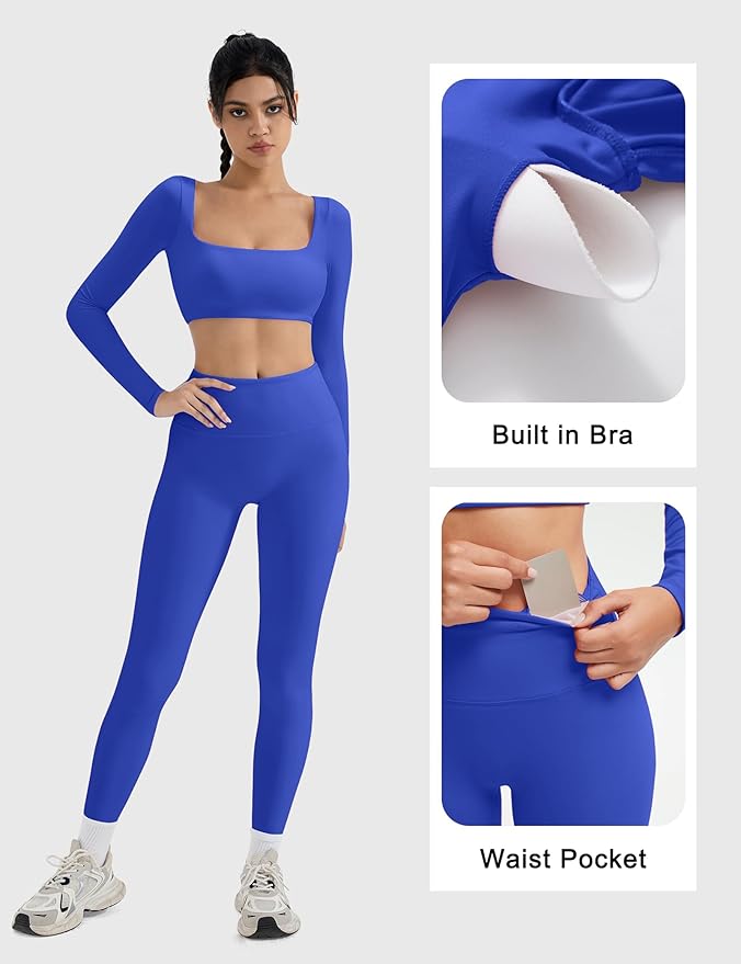 SUUKSESS Women 2 Piece Workout Sets Compression Tummy Control Leggings with Pockets Long Sleeve Square Neck Padded Crop Tops