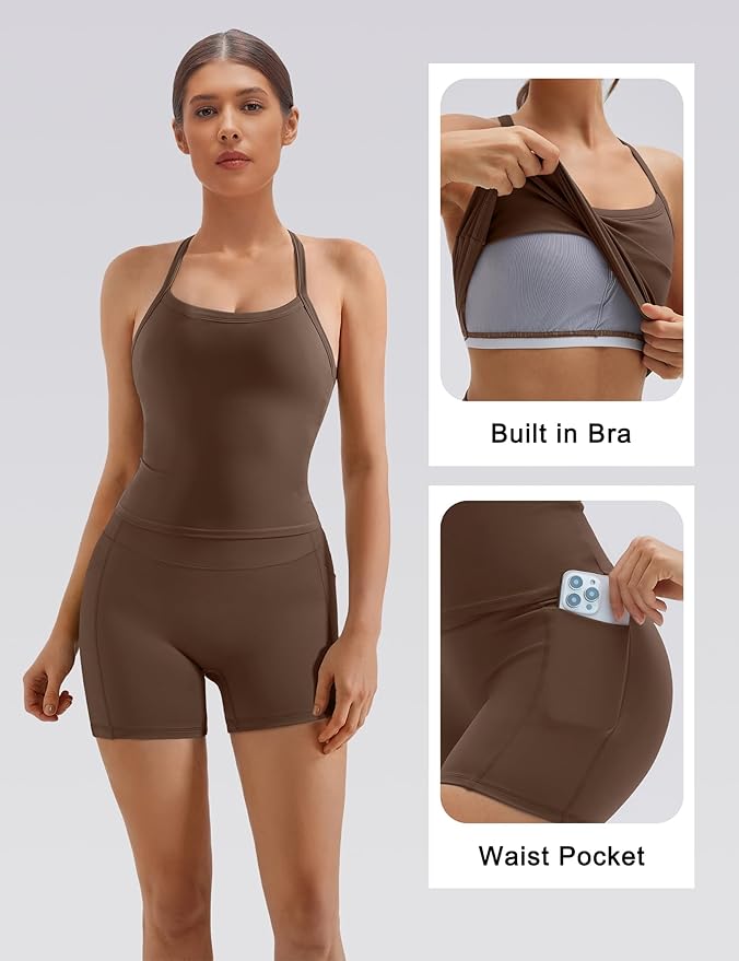 SUUKSESS Women 2 Piece Workout Sets High Waisted Biker Shorts with Pockets Built in bra Racerback Tank Tops