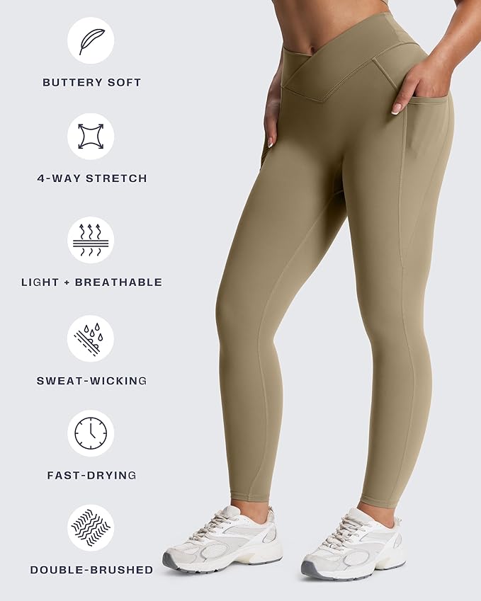 Aoxjox Women's Trinity High Waisted Yoga Pants with Pockets Cross-Waist Tummy Control Buttery Soft Workout Leggings 26"