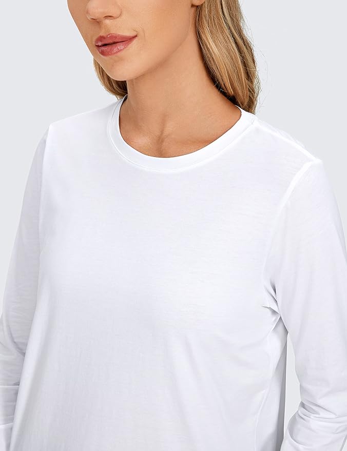 CRZ YOGA Pima Cotton Crewneck Long Sleeve Shirts for Women - Workout Athletic Yoga Casual Tops Soft Plain T-Shirt