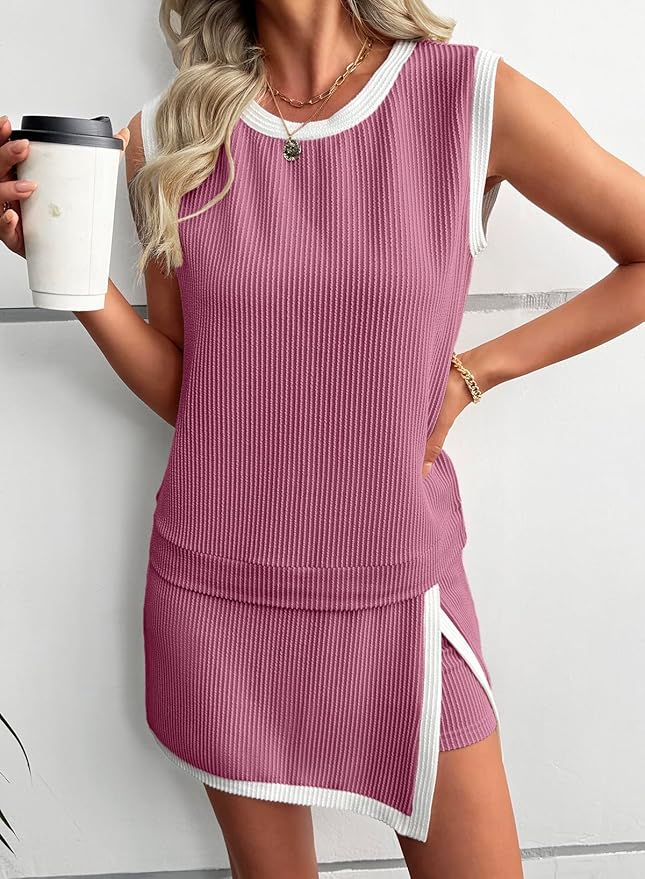 EVALESS 2 Piece Sets for Women Summer Outfits Ribbed Knit Tank Top and Split Lined Skirt Two Pieces Lounge Matching Set