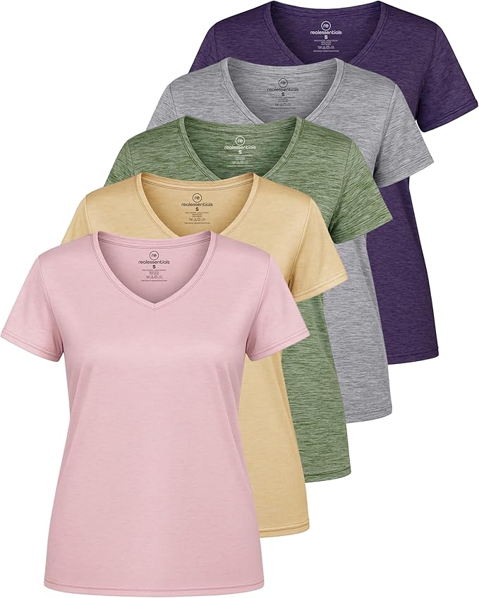 Real Essentials 5 Pack: Women's Dry-Fit Short Sleeve V Neck T Shirt Workout Fitness Yoga Top Tee (Available in Plus Size)