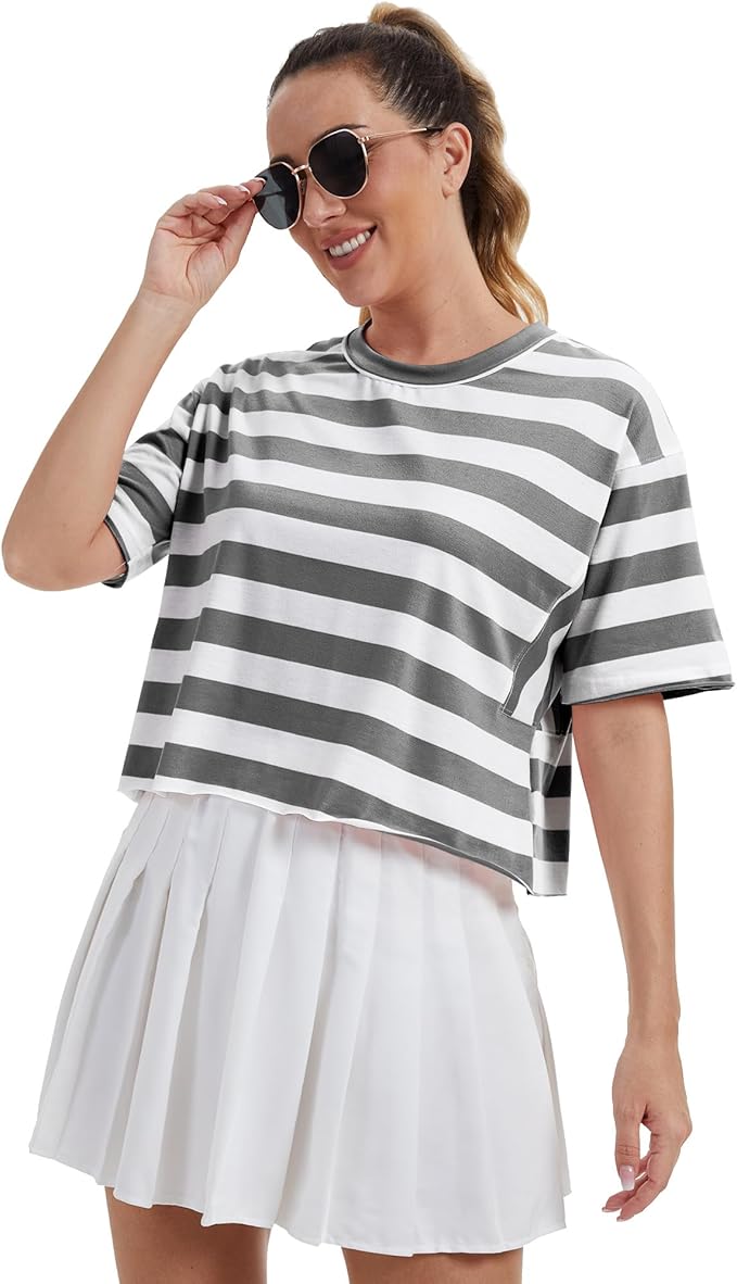 Women's Oversize Workout Crop Tops Casual Short Sleeve Drop Shoulder Boxy T-Shirts Roll Hem Basic Loose Yoga Running Tees