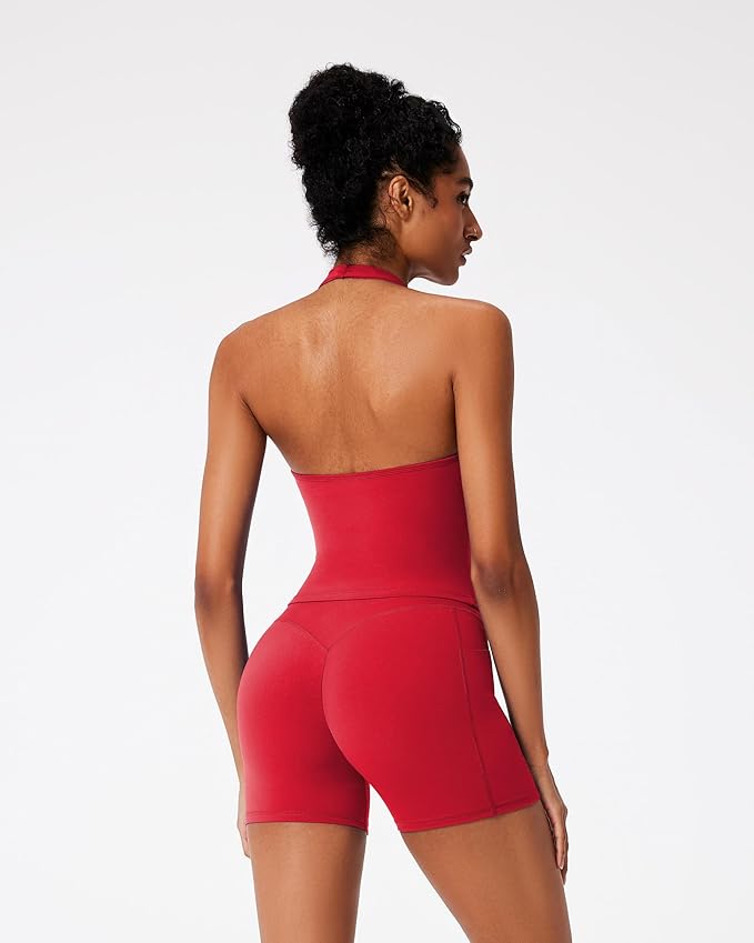 RXRXCOCO Halter Workout Sets for Women 2 Piece V Neck Tank Tops Hidden Scrunch Booty Shorts Gym Outfits with Pockets