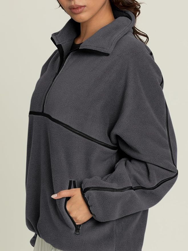 LASLULU Womens Half Zip Pullover Sweatshirt Sherpa Fleece Jacket Oversized Sweatshirts Warm Fuzzy Sweaters Pockets