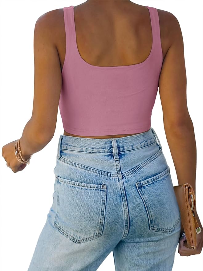 REORIA Women’s Sexy Square Neck Double Lined Seamless Sleeveless Cropped Tank Yoga Crop Basic Tops