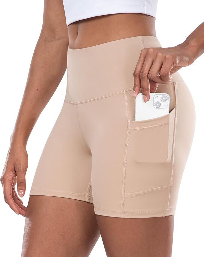 CHRLEISURE Womens Biker Yoga Shorts with Pocket, High Waisted Tummy Control 5 Inch Workout Spandex Athletic Gym Shorts