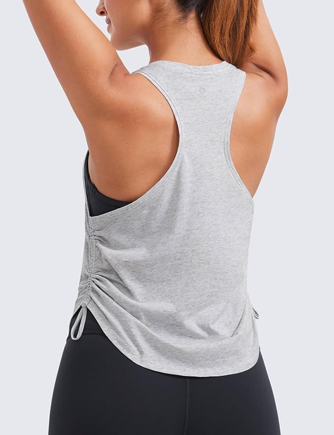 CRZ YOGA Pima Cotton Ruched Side Tank Tops for Women - Workout Athletic Casual Racerback Crewneck Loose Sleeveless Shirts
