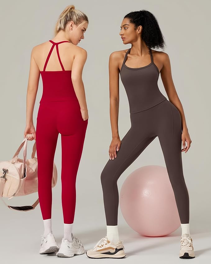 RXRXCOCO Cross Back Workout Sets for Women 2 Piece Padded Tank Tops Hidden Scrunch Leggings Gym Outfits with Pockets