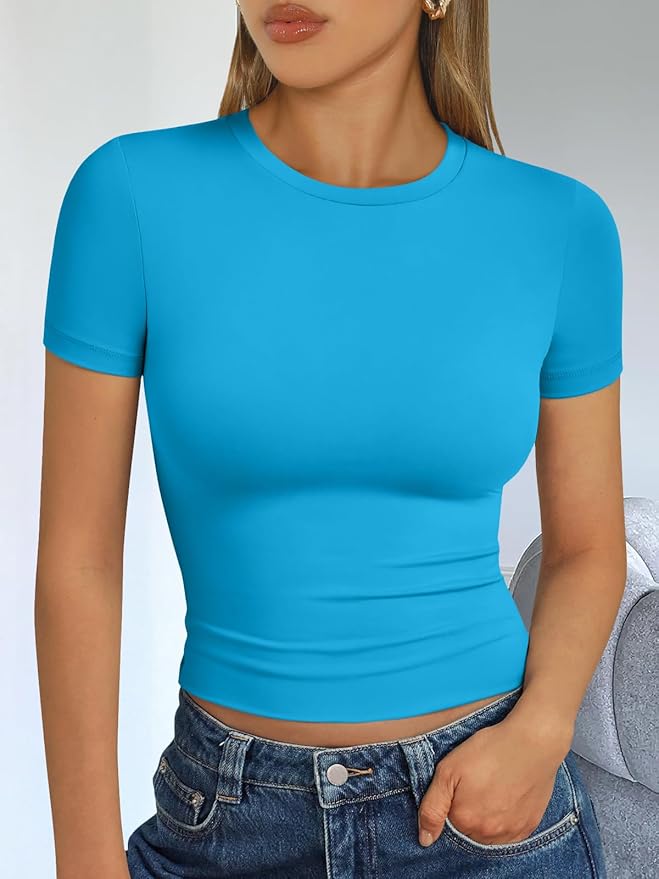 Trendy Queen Womens Short Sleeve T Shirts - Buttery Soft Summer Crop Tops Slim Fit Y2k Basic Tees for Workout