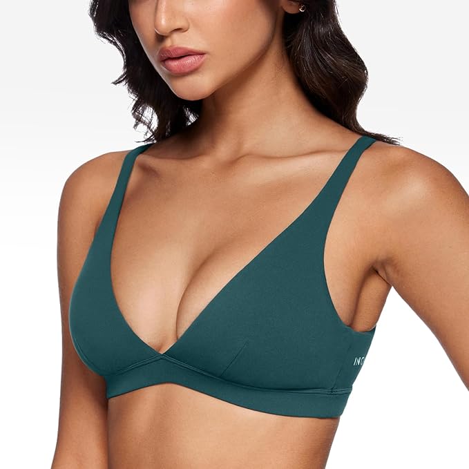 INGIA Womens Deep V-Neck Sports Bra Padded Low Impact Fitness Yoga Bra U Back Wireless Workout Bra Contour Crop Top