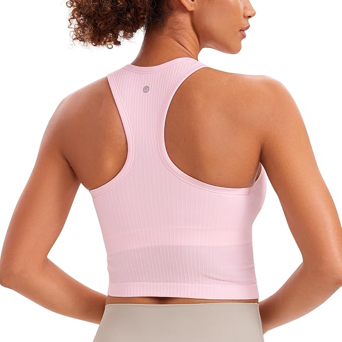 CRZ YOGA Seamless Ribbed High Neck Crop Tank Tops for Women - Longline Racerback Padded Sports Bras