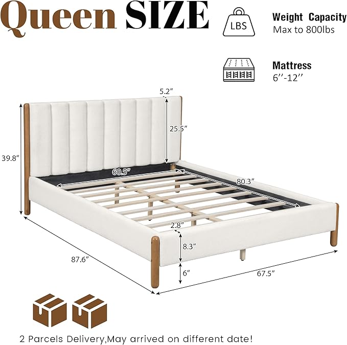 Queen Size Bed Frame with Boucle Upholstered Headboard, Solid Rubberwood Legs & Vertical Striped Design, Sturdy Wood Slat Support Boucle Bed Frame, No Box Spring Needed, White