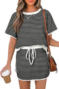 Opemiby Womens 2 Piece Skort Set 2026 Color Block Short Sleeve Top Drawstring Skort Matching Sets Casual Lounge Summer Outfit