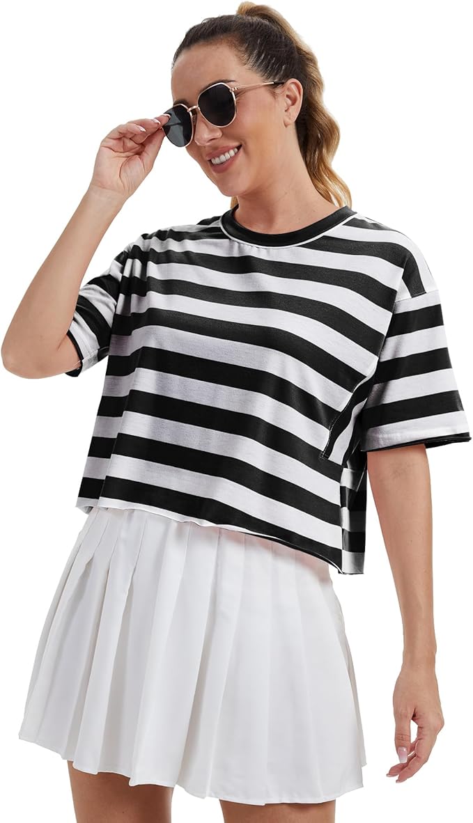 Women's Oversize Workout Crop Tops Casual Short Sleeve Drop Shoulder Boxy T-Shirts Roll Hem Basic Loose Yoga Running Tees