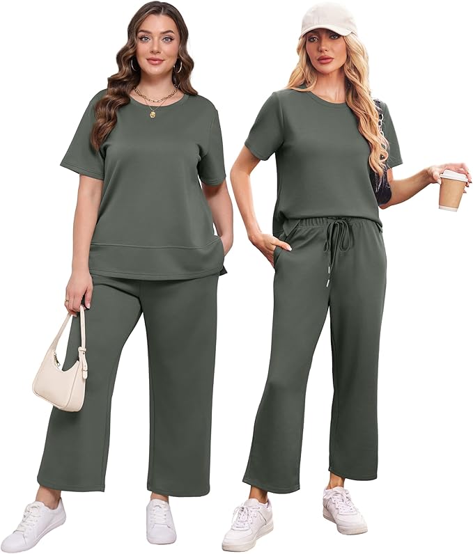 XIEERDUO Women's Side Slit Lounge Sets 2026 Fashion 2 Piece Travel Outfits Cozy Loungewear Wide Leg Tracksuits S-3XL