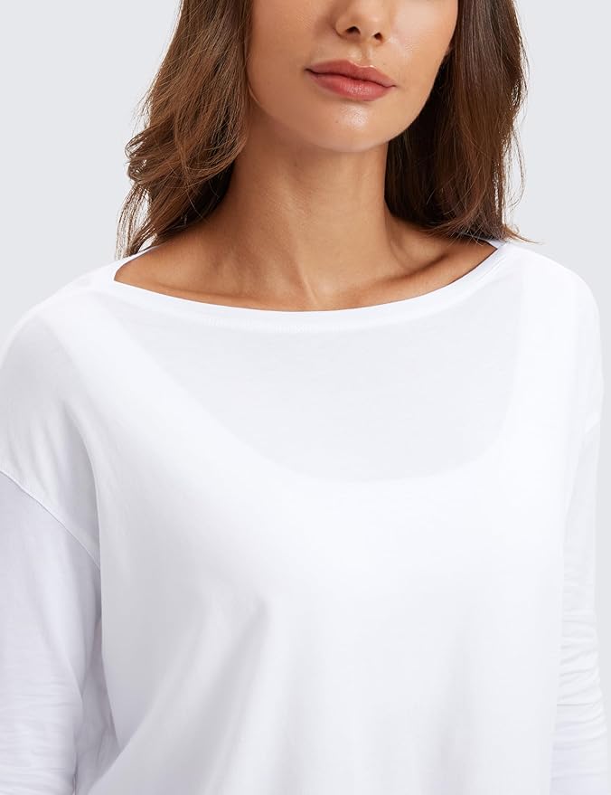 CRZ YOGA Pima Cotton Boat Neck Long Sleeve Shirts for Women - Workout Athletic Yoga Casual Tops Loose Fit Fall T-Shirts