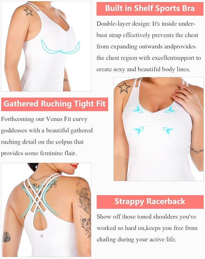 RUNNING GIRL Yoga Tank Tops for Women Built in Shelf Bra B/C Cups Strappy Back Activewear Workout Compression Tops