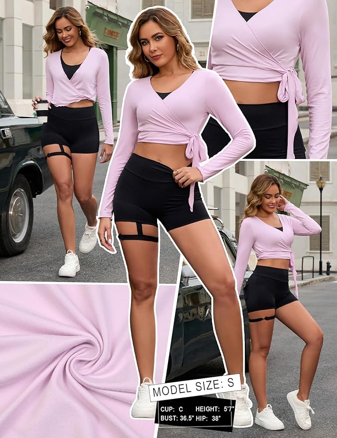 Perfashion Women Ballet Wrap Top Pilates Yoga Long Sleeve Workout Tie Tops Y2K Dance Shirt Blouses