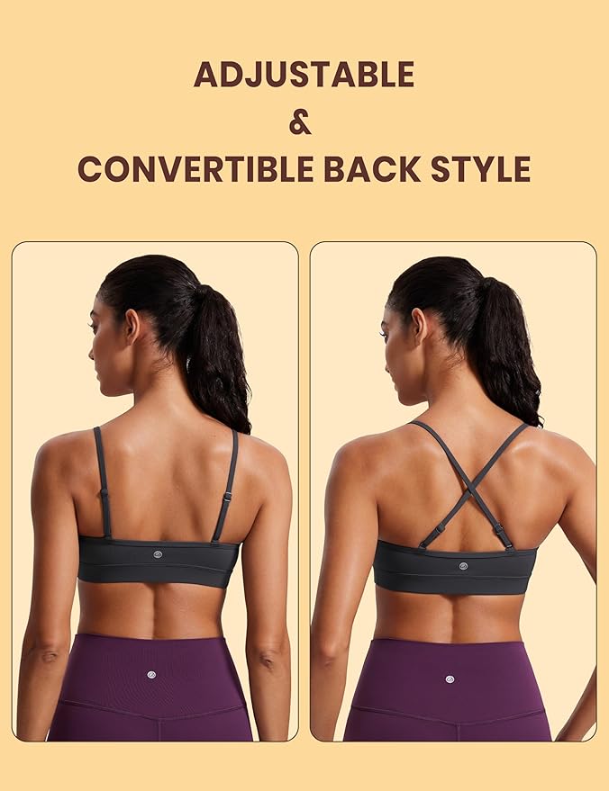 CRZ YOGA Butterluxe V-Neck Sports Bras for Women - Adjustable Thin Straps Padded Yoga Top Basic Wireless Camisole
