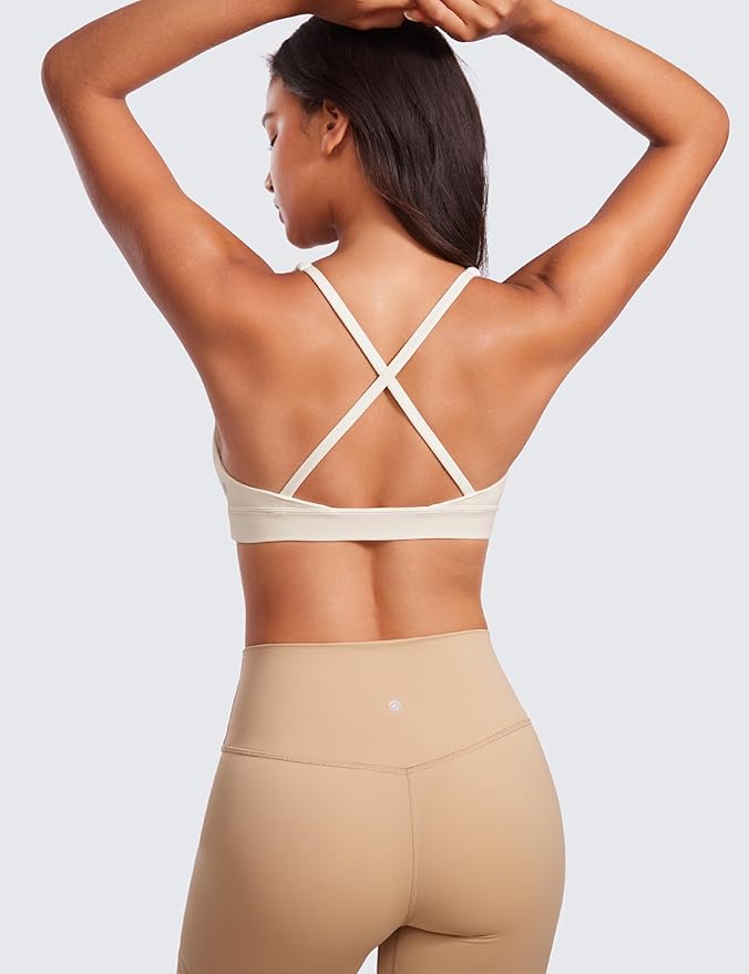 CRZ YOGA Butterluxe Deep V-Neck Sports Bras for Women - Spaghetti Strap Criss Cross Padded Top Low Coverage Wireless Yoga