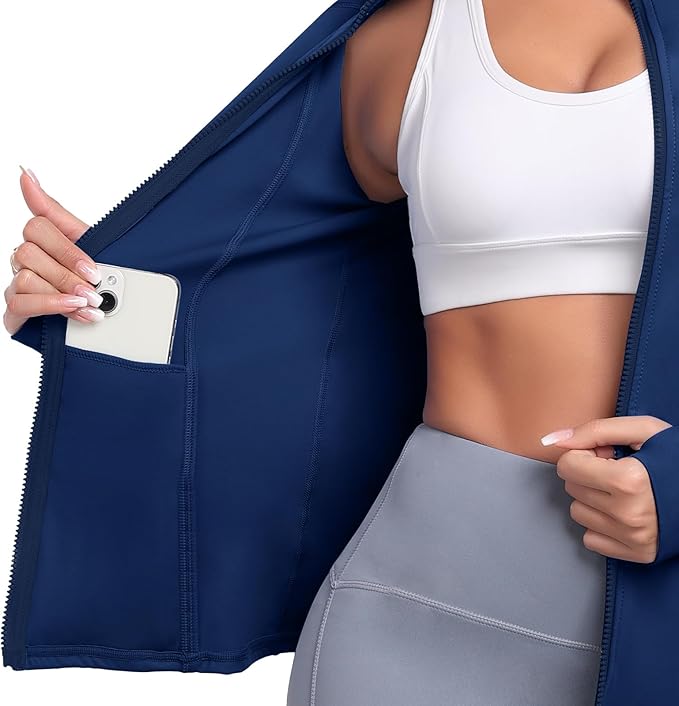 Women's Athletic Full Zip Lightweight Workout Jacket With Pockets Running Slim Fit Yoga Sportwear With Thumb Holes