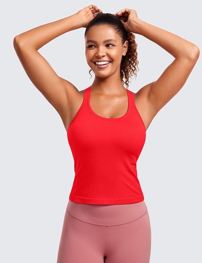 CRZ YOGA Seamless Ribbed Scoop Neck Tank Top for Women - Workout Racerback Padded Athletic Camisole with Built in Bra