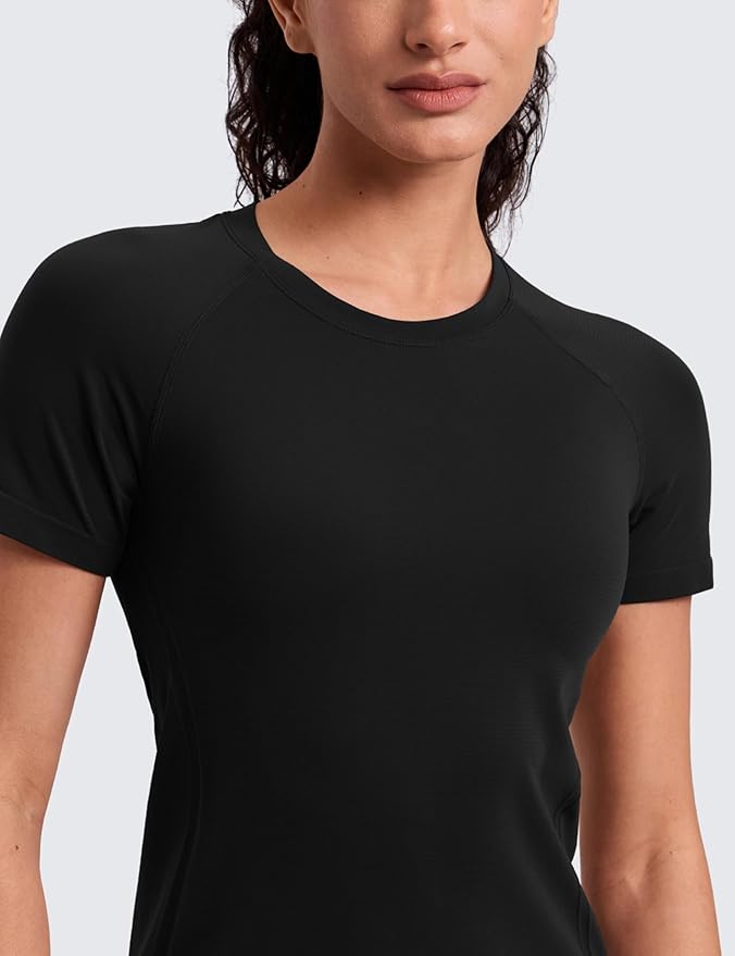 CRZ YOGA Seamless Workout Tops for Women Hip Length - Athletic Running Gym Yoga Short Sleeve Shirts Breathable Crewneck Tees