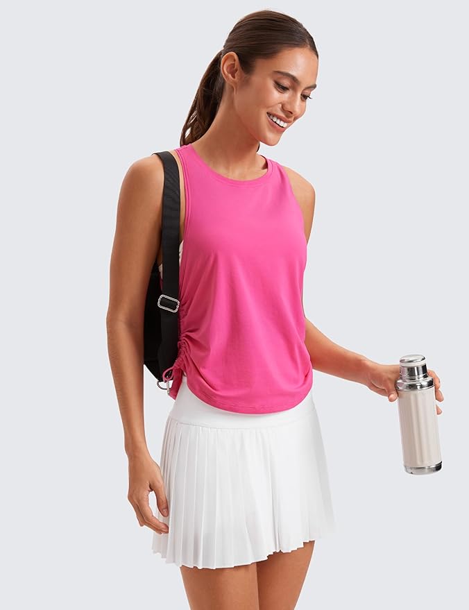 CRZ YOGA Pima Cotton Ruched Side Tank Tops for Women - Workout Athletic Casual Racerback Crewneck Loose Sleeveless Shirts