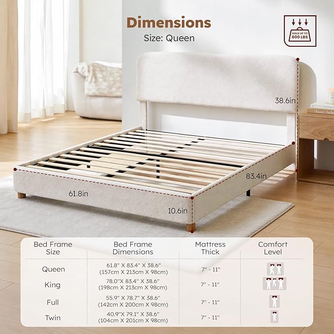 Queen Size Cloud Bed Frame, Soft Boucle Bed Frame with Adjustable Headboard, Solid Wood Legs, Rounded Corners Design & Easy Assembly – Modern Platform Bed,Cream
