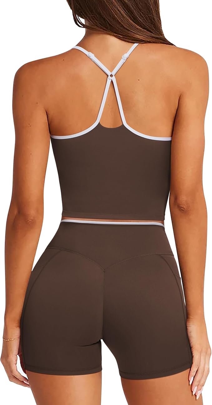 RXRXCOCO Color Block Workout Sets for Women 2 Piece Padded Strappy Tank Tops Hidden Scrunch Booty Shorts with Pockets