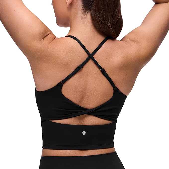 CRZ YOGA Butterluxe Twist Cross Back Crop Tank Tops for Women - Padded Adjustable Straps Yoga Longline Sports Bras
