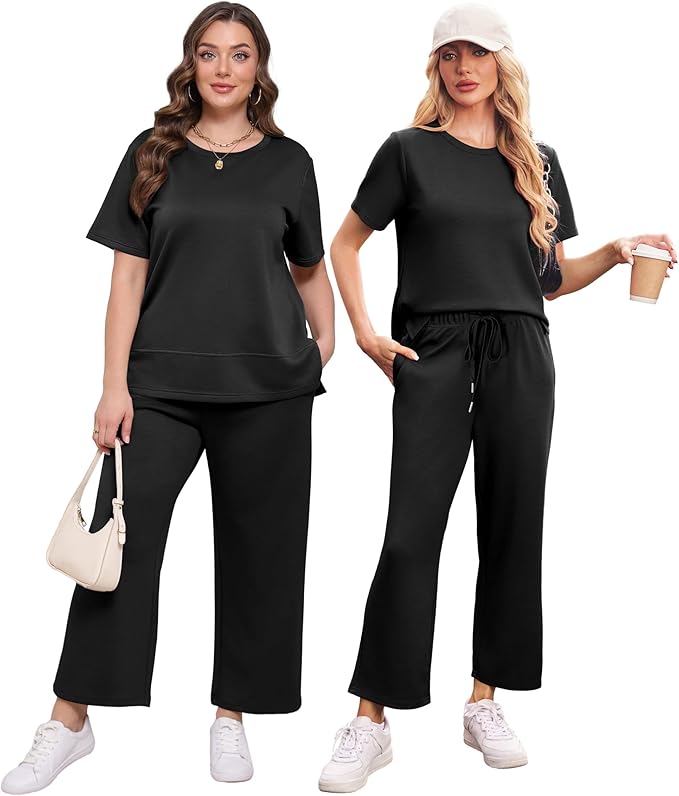 XIEERDUO Women's Side Slit Lounge Sets 2026 Fashion 2 Piece Travel Outfits Cozy Loungewear Wide Leg Tracksuits S-3XL