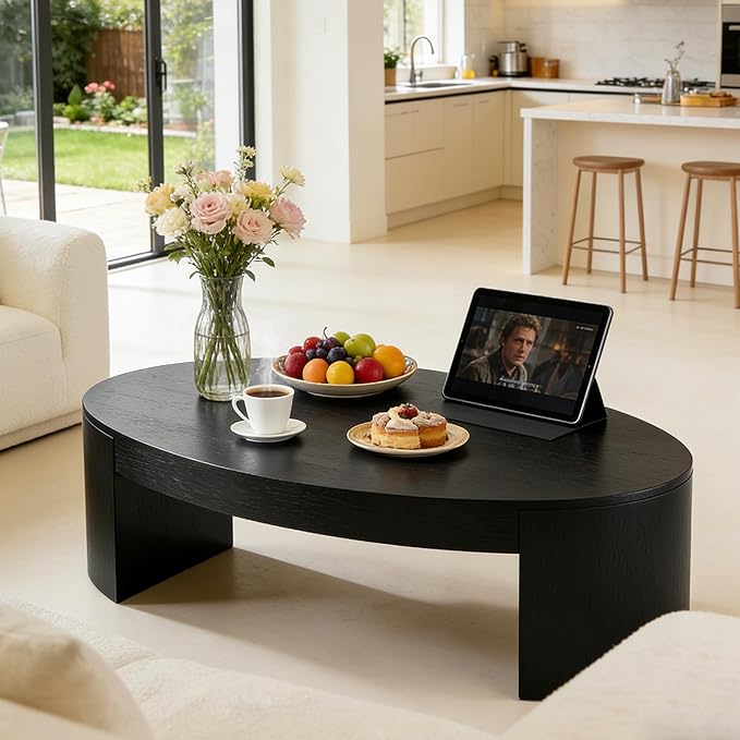 42.24” Modern Oval Coffee Table, MDF Center Table, Conference Table, Minimalist Accent Dinning Coffee Table for Living Room, Apartment,Office,Courtyard,No Assembly.(Black)