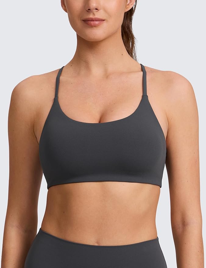 CRZ YOGA Butterlift Double Lined V Back Sports Bras for Women - Scoop Neck Spaghetti Strap Wireless Yoga Top Non Padded