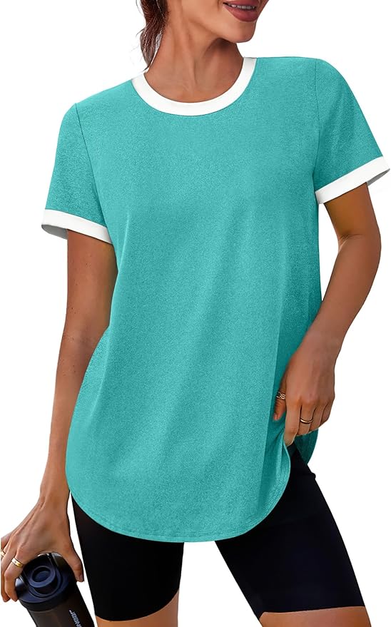 Womens Workout Tops Summer Short Sleeve Shirts Athletic Color Block Gym Clothes Outfits Sun Protection UPF 50+ T Shirts