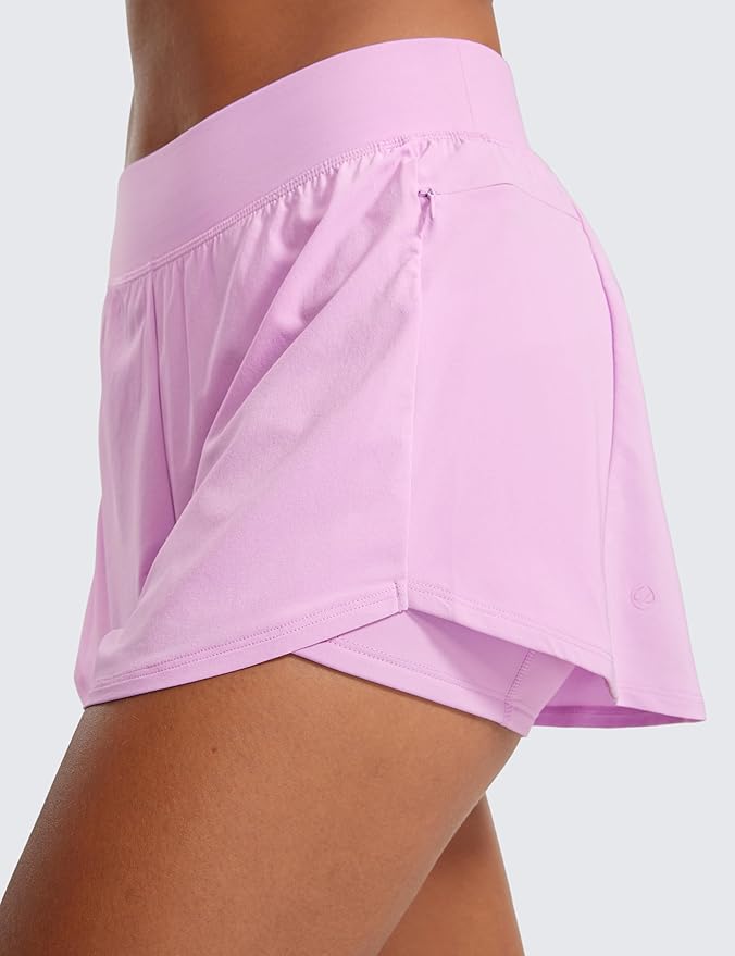CRZ YOGA 2 in 1 Double Layer Running Shorts for Women 3" - High Waisted for Athletic Tennis Workout with Zip Pockets