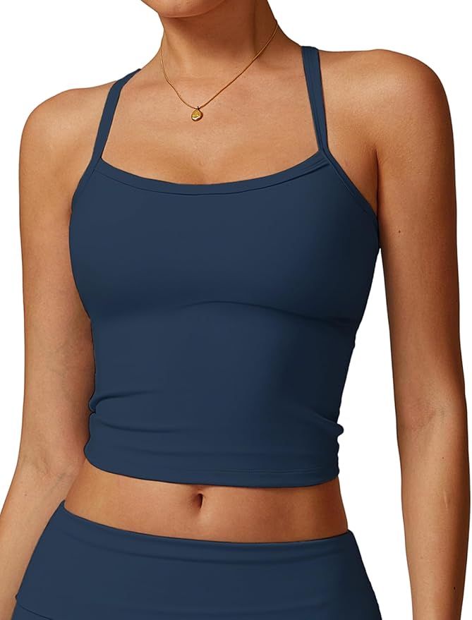 QBGJTD Womens Longline Sports Bras Cross Back Active Gym Yoga Padded Workout Crop Tank Top with Built in Bra
