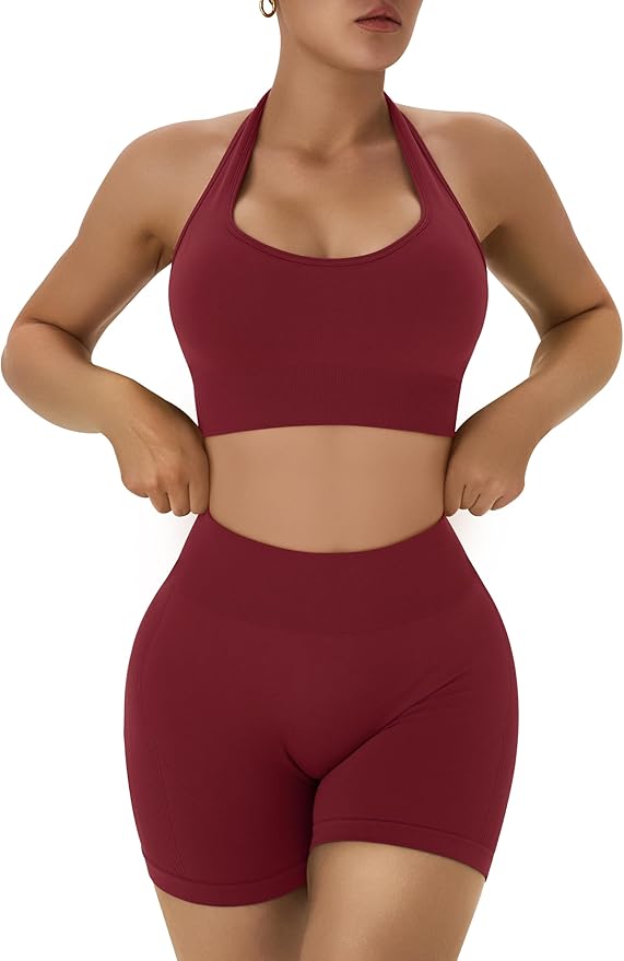OLCHEE Workout Sets for Women 2 Piece Backless Halter Sports Bra High Waist Booty Shorts Yoga Gym Outfits Lounge Activewear