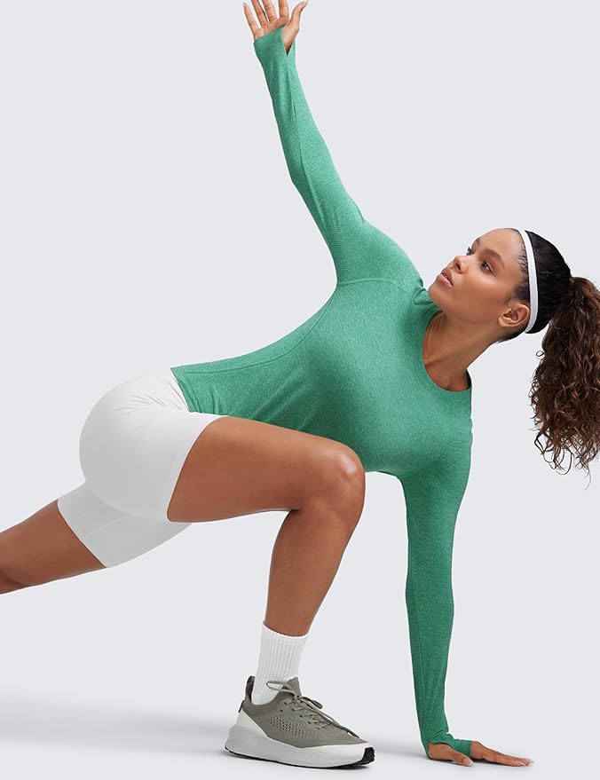 CRZ YOGA Seamless Long Sleeve Shirts for Women Waist Length - Workout Athletic Running Gym Yoga Tops Crewneck Breathable
