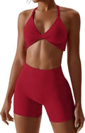 ABOCIW Workout Sets for Women 2 Piece Twist Front Halter Sports Bras High Waist Biker Shorts Exercise Gym Yoga Outfit
