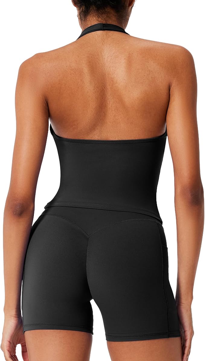 RXRXCOCO Halter Workout Sets for Women 2 Piece V Neck Tank Tops Hidden Scrunch Booty Shorts Gym Outfits with Pockets