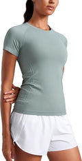 CRZ YOGA Seamless Workout Tops for Women Hip Length - Athletic Running Gym Yoga Short Sleeve Shirts Breathable Crewneck Tees