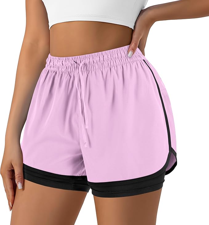 Yevrimow Women's 2 in 1 Running Shorts for Gym Yoga Workout Athletic Shorts High-Waisted Shorts with Liner Pockets