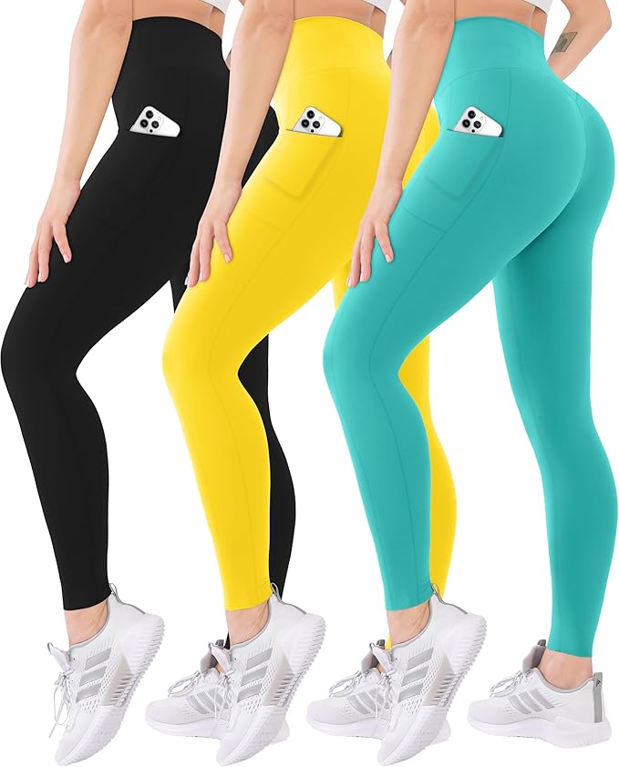 Blisset 3 Pack High Waisted Leggings for Women with Pockets Soft Active Tummy Control Pants for Yoga Running & Daily Wear