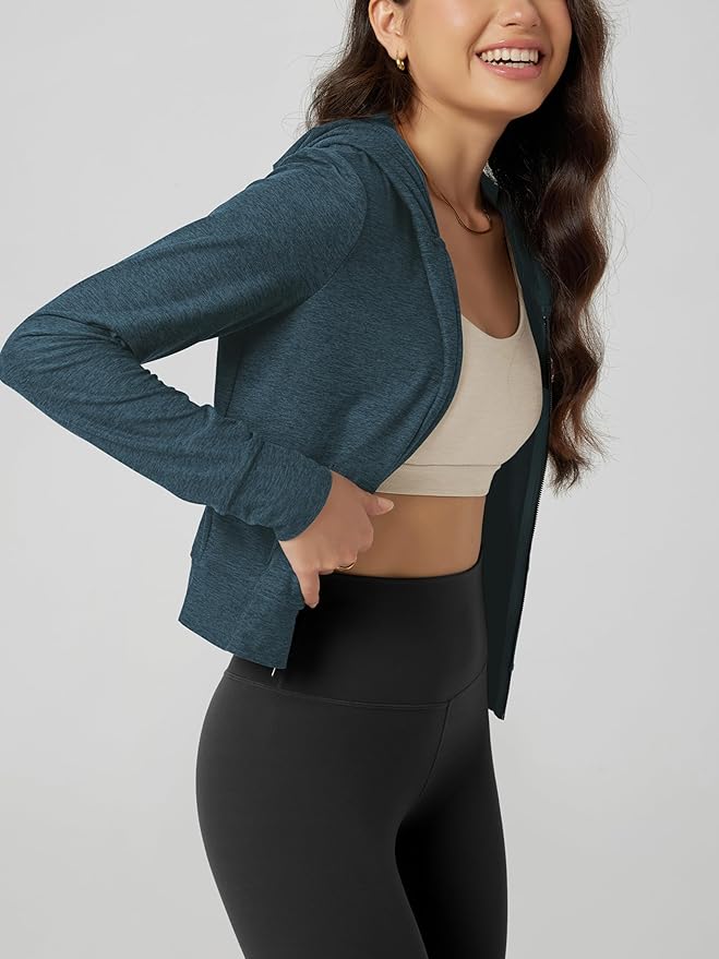 ODODOS Women's Full-Zip Cropped Hoodie - odSTRATUM Tech Ultra Soft UPF 50+ Hooded Jacket with Pockets