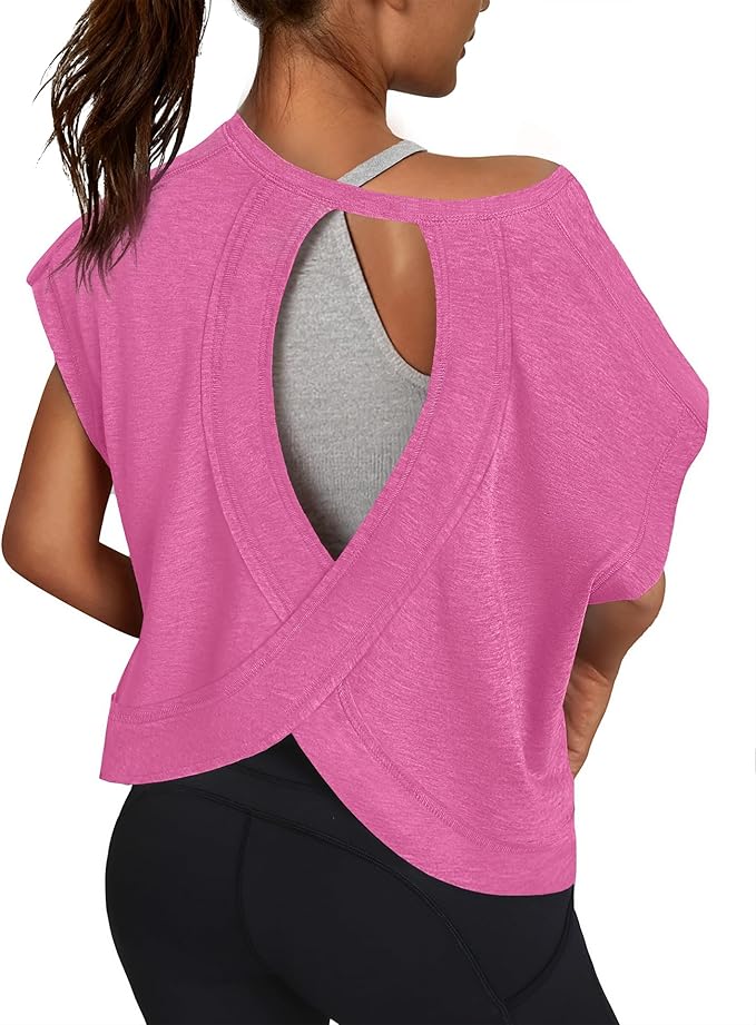 Women Open Back Workout Shirts Short Sleeve Tops Casual Yoga Y2k Athletic Gym Running Crop Tees